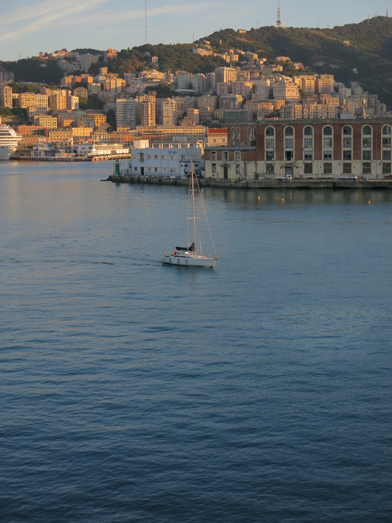 Sailing boat crossing a harbour beneath a sunlit hillside city
