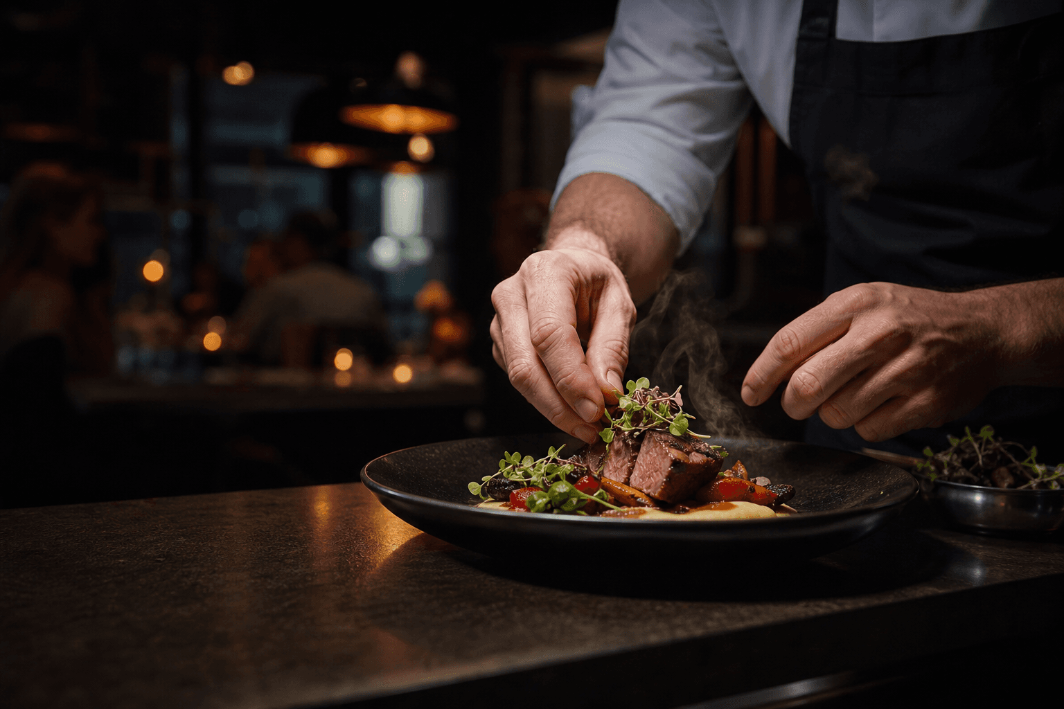 Chef finishing a dish at a restaurant pass
