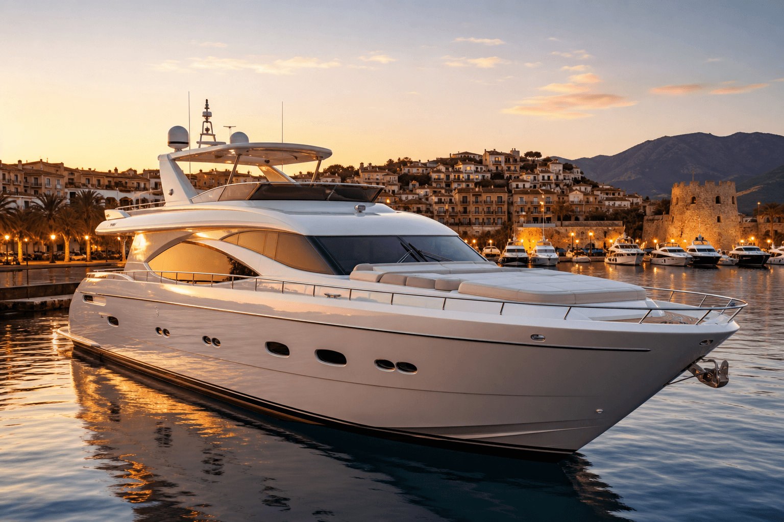 Luxury yacht in a warm Mediterranean marina at golden hour