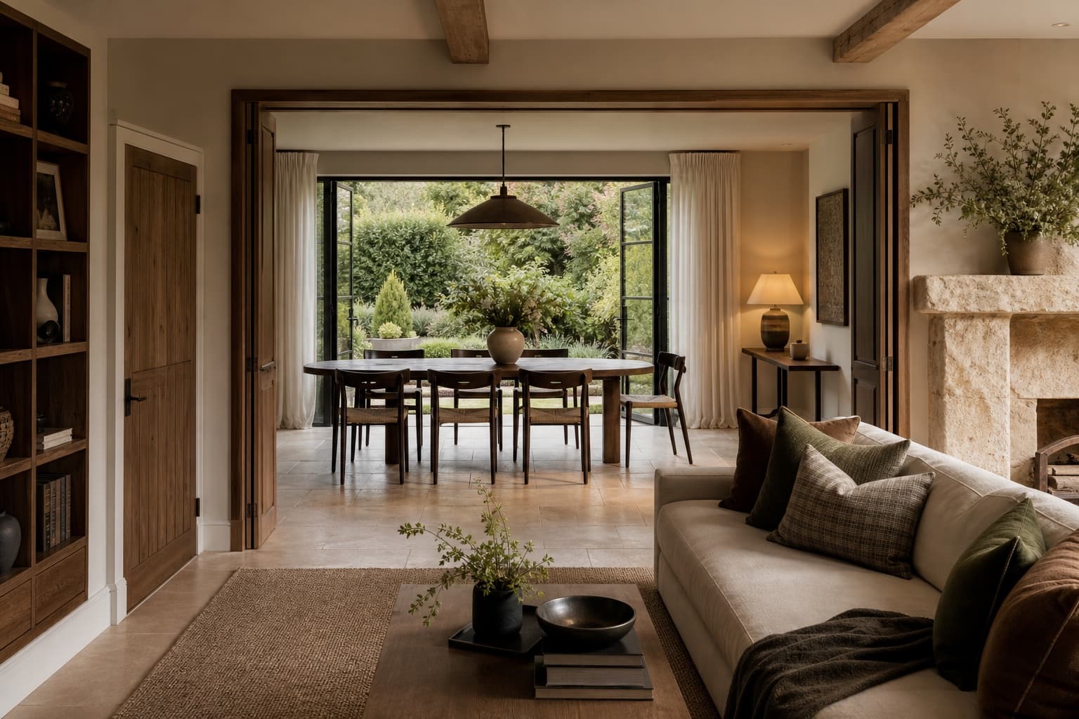 Warm contemporary home interior opening onto a garden